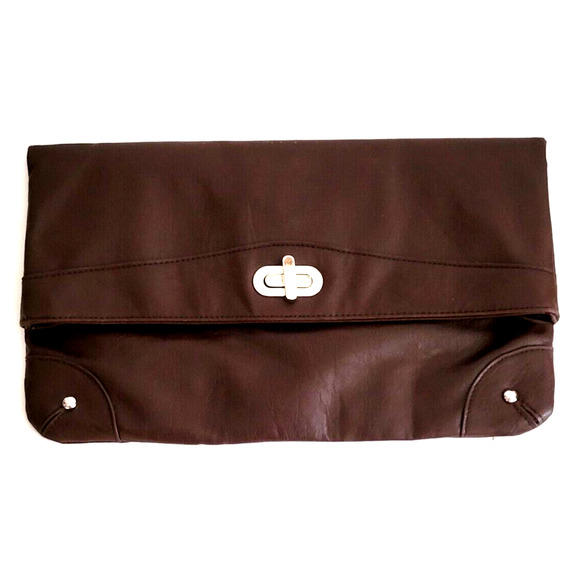 Charlotte Russe Brown Leather Pouch Purse Leopard Print Lining 13x8 Buttery Soft - Picture 1 of 6